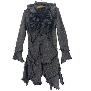 Whimsigoth Waterfall Cardigan Sweater M Gray Ruffle Fairy Knit Asymmetrical Boho